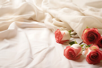Red and white roses on white sheets with copy space. Closeup of beautiful flowers. Festive backdrop with space for text. Birthday, Valentines day, international females day concept