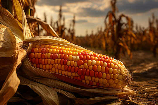 flint corn in a corn field yellow and red skies autumn fall harvest