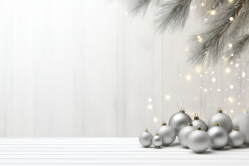 Minimalistic light Christmas interior, with a white blank empty wall and a decorated Christmas tree on the side. Creative banner greeting card Happy New Year mockup. 