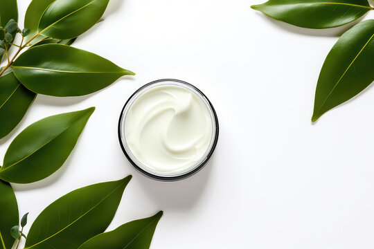 Top view of round open jar of cosmetic cream with creamy swirl isolated on white background surrounded by green leaves, copy space. Creative natural cream banner. 3d render illustration style.