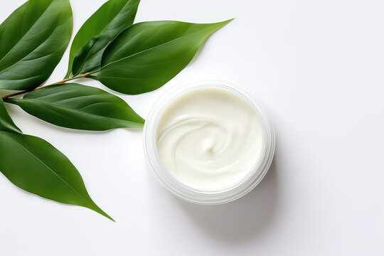 Top view of round open jar of cosmetic cream with creamy swirl isolated on white background surrounded by green leaves, copy space. Creative natural cream banner. 3d render illustration style.
