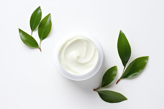 Top View Of Round Open Jar Of Cosmetic Cream With Creamy Swirl Isolated On White Background Surrounded By Green Leaves, Copy Space. Creative Natural Cream Banner. 3d Render Illustration Style.