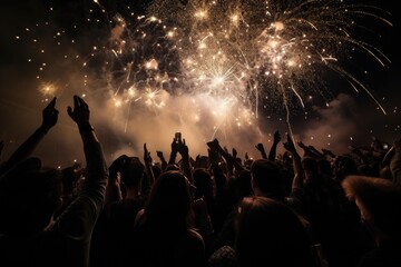 Fototapeta na wymiar Countdown, fireworks and hugs at the New Year's Eve party. ??, generative IA