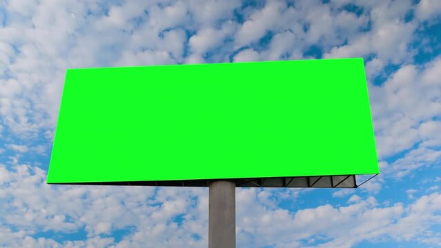 Timelapse: blank green billboard or large display and moving white clouds against blue sky. Green screen, copy space, chroma key, template, time lapse, mock up, advertising and consumerism concept