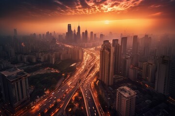 Modern city in harmony with nature: skyscrapers, parks and rivers. Magical sunsets., generative IA