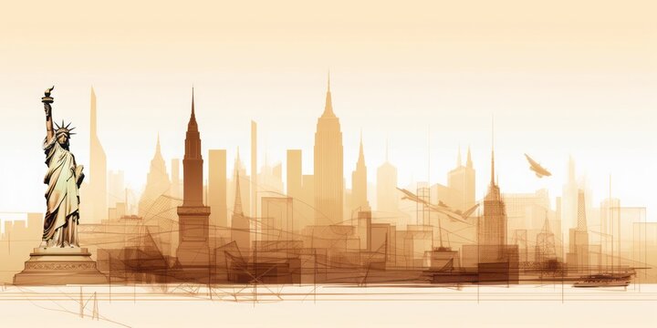 Silhouette of New York City Skyline, Including Statue of Liberty, Times Square, Empire State Building, and Central Park, Rendered in Leonardo da Vinci and Architect Technical Drawing