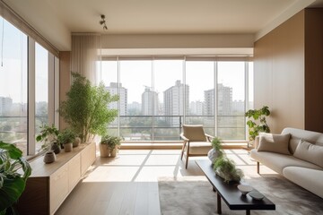 Modern, stylish apartment with urban panoramic views. Minimalist furnishings, abstract art and sunny balcony., generative IA