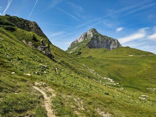 Fototapeta na wymiar Fronalstock Glarus. View of the peak above Mollis. Hiking and trail running in the mountains. Switzerland Froanlp. High quality photo