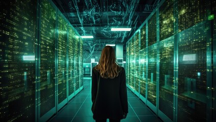 a woman looking at a server room with fluorescent lighting Generative AI