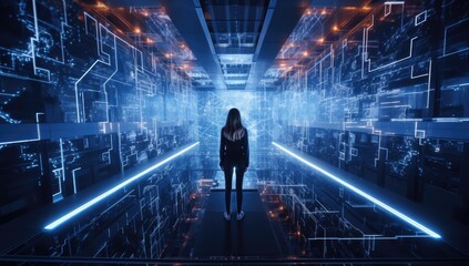 Fototapeta na wymiar business woman standing in the middle of a large data center Generative AI