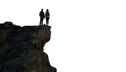 Man and Woman hiker standing on top of mountain. PNG Cutout. Adventure Composite