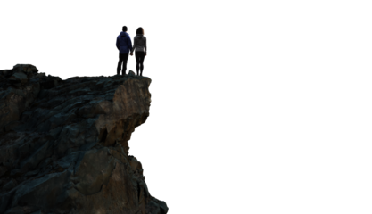 Man and Woman hiker standing on top of mountain. PNG Cutout. Adventure Composite