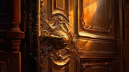 Ornate wooden door. Generative AI