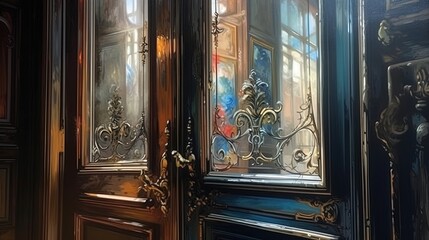 Ornate wooden door. Generative AI
