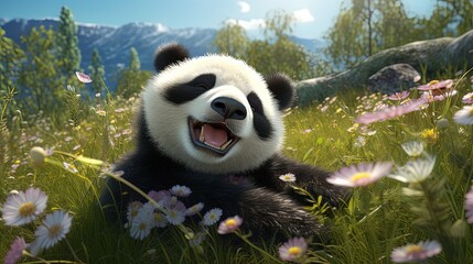 Fototapety  Cartoon smiling panda bear in flowers meadow. Generative AI