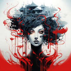 Crimson Dreams Woman in Red a dynamic fusion of graffiti style elements and surrealism