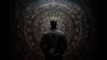 Man standing in front of circular interdimensional portal. Generative AI

