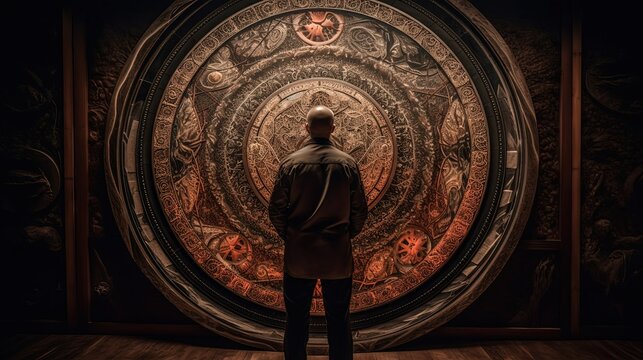 Man standing in front of circular interdimensional portal. Generative AI


