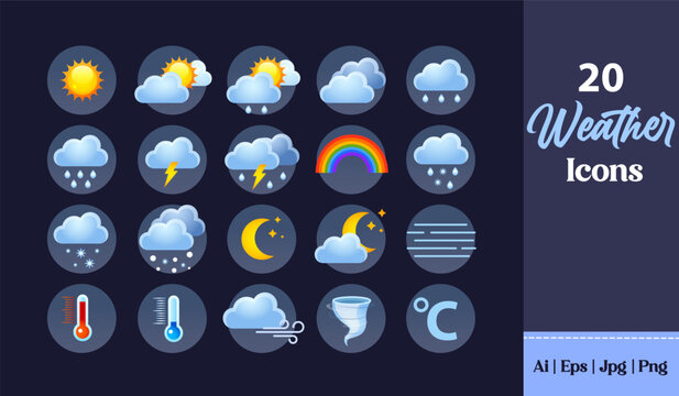 Vector set of weather icons for mobile apps, websites, weather forecast, etc.