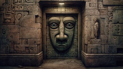 Ancient stone doorway architecture with idol face. Generative AI - obrazy, fototapety, plakaty