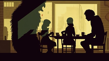Shadow monster sitting in cafe with human friend. Generative AI