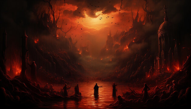 Sinister Illustration of Lost Souls in the Depths of Hell