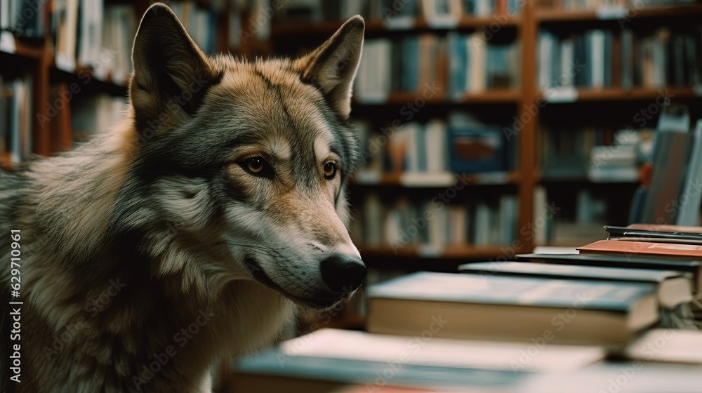 Canvas Prints Wolf in library. Wolf in bookstore. Generative AI