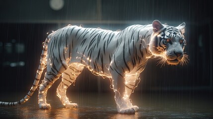 White tiger under rain. Fantasy white tiger with electrified body. Generative AI