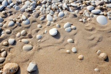 Fototapeta na wymiar Ein sonniger Sandstrand mit kleinen Steinen