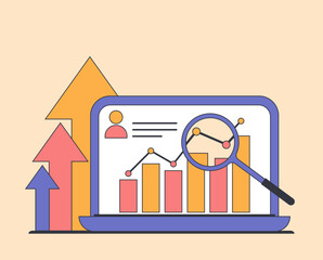 Laptop with a graph on the screen and a magnifying glass above it. This illustration creates a mood of analysis and growth. Concept Business, finance, statistics, research or study. 