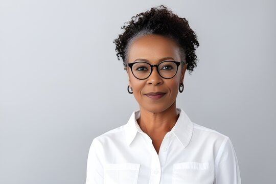 Attractive Mature Black Businesswoman Wearing Glasses Posing Looking At The Camera On White Background