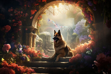 Rainbow Bridge of Dreams, A Heavenly Haven for Pets in an Enchanting Garden - obrazy, fototapety, plakaty