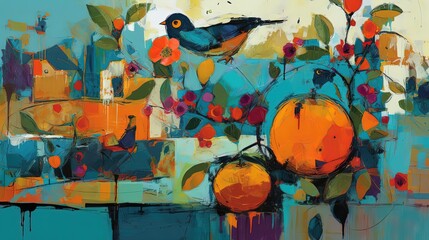 Abstract still life with birds, oranges and flowers. Generative AI