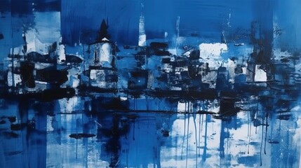 Abstract blue metropolitan. Cityscape. In style of acrylic painting illustration. Generative AI