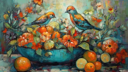 Obraz na płótnie Canvas Abstract still life with birds, oranges and flowers. Generative AI