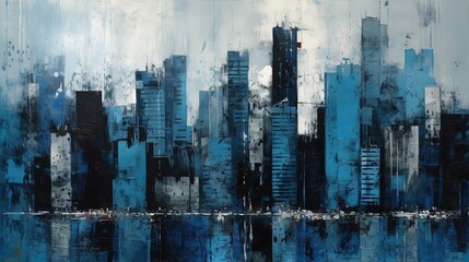 Abstract blue metropolitan. Cityscape. In style of acrylic painting illustration. Generative AI