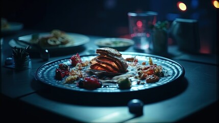 Extraterrestrial food on a plate. Alien futuristic meal. Generative AI
