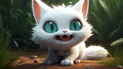 White cartoon cat with turquoise eyes showing teeth. Generative AI