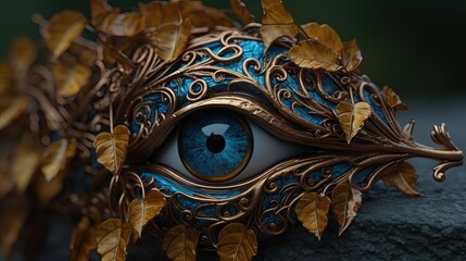 Blue eye artifact with golden ornate pattern. Decoration. Surrounded with leaves. Generative AI