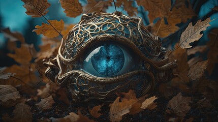 Blue eye artifact with golden ornate pattern. Decoration. Surrounded with leaves. Generative AI