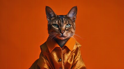 Cat wearing orange fashion clothes. Orange background. Generative AI