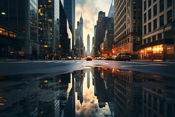 Die Reflektion einer Großstadt in einer Pfütze.