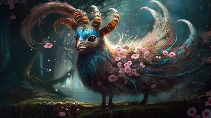 Fantasy fluffy floral goat bird. Magical forest creature. Mythical creature. Extraterrestrial horned creature. Generative AI