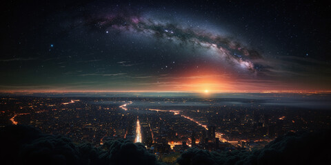 Futuristic city in night lights with galaxy planets in sky, fantasy realistic background. Sunset in...