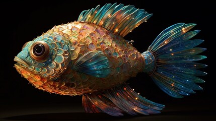 Fantasy fish. Magical fish character on black background. Generative AI