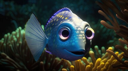 Cartoon blue fish. Cartoon fish character. Generative AI