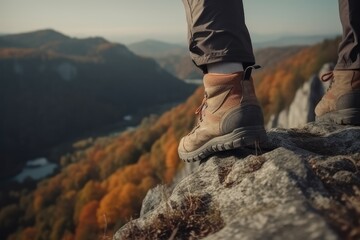 close up sneaker climber climbing up a beautiful mountain, AI