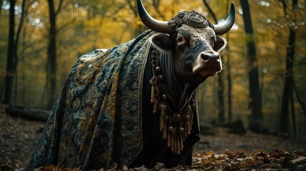 Fototapeta na wymiar Anthropomorphic cattle wearing robe. Cattle shaman. Generative AI