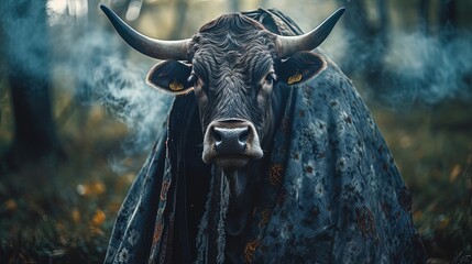 Naklejka premium Anthropomorphic cattle wearing robe. Cattle shaman. Generative AI