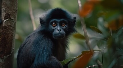 Black dusky leaf monkey. Close-up. Black background. Generative AI